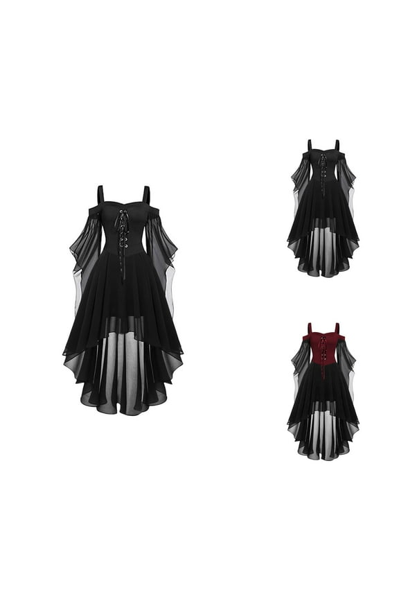 Halloween Gothic Style Dresses Plus Size Women's Fashion Midi Dresses with Long Flare Sleeves and Irregular Length for Parties