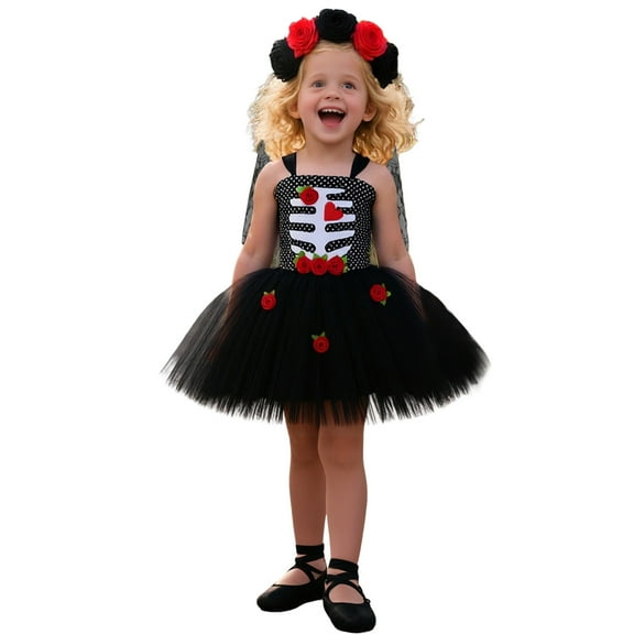 Halloween Halloween Kids Bride Dress Gothic Outfit Elegant Lace Puffy Party Gown for Carnival Day Of The Dead Role_Play, M