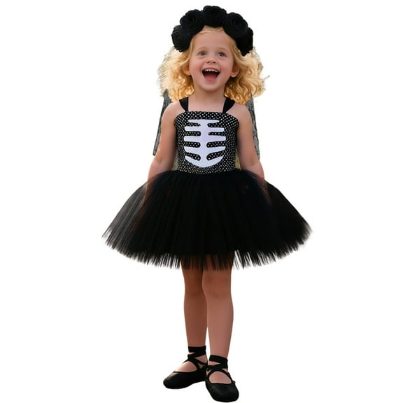 Halloween Halloween Kids Bride Dress Gothic Outfit Elegant Lace Puffy Party Gown for Carnival Day Of The Dead Role_Play, M