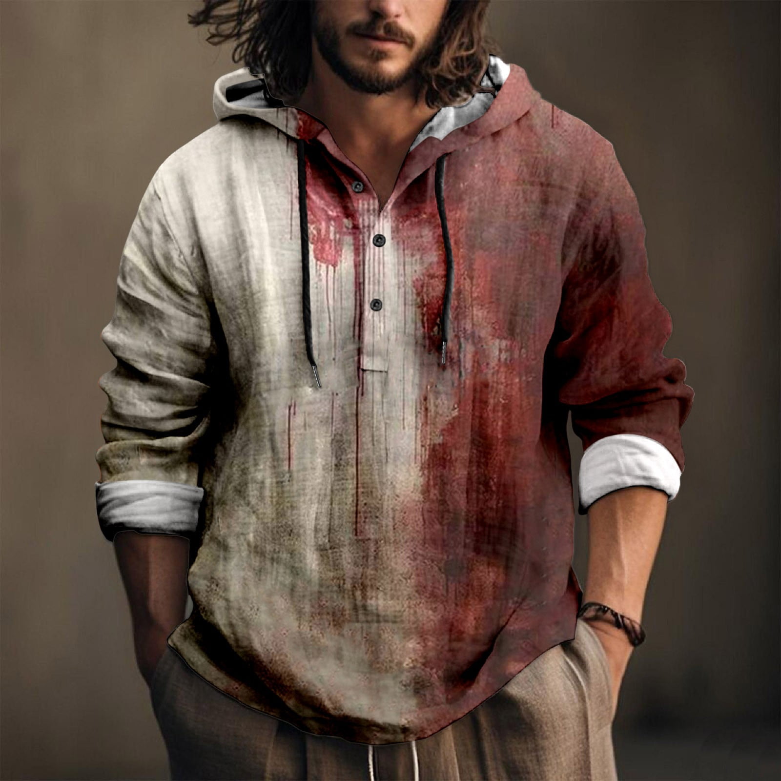 Men's Theme Hooded Button Imitation Cotton And Linen Long Sleeve