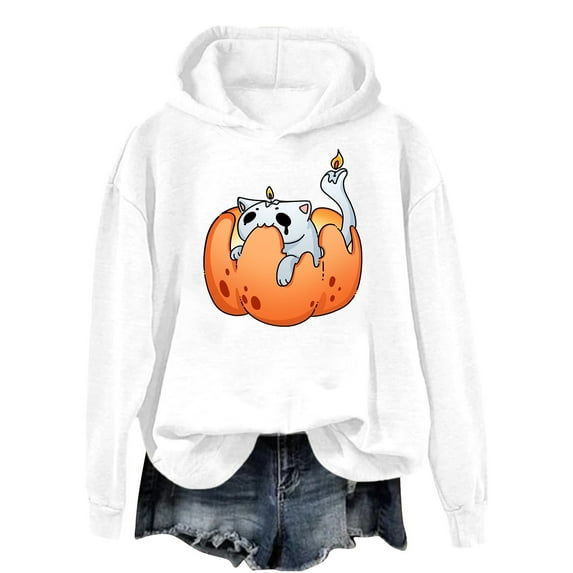 Halloween Costumes Hoodie Women's Casual Halloween Print Fleece Hoodie Soft Comfortable Pullover Sweatshirt For Everyday Wear Spring And Summer White
