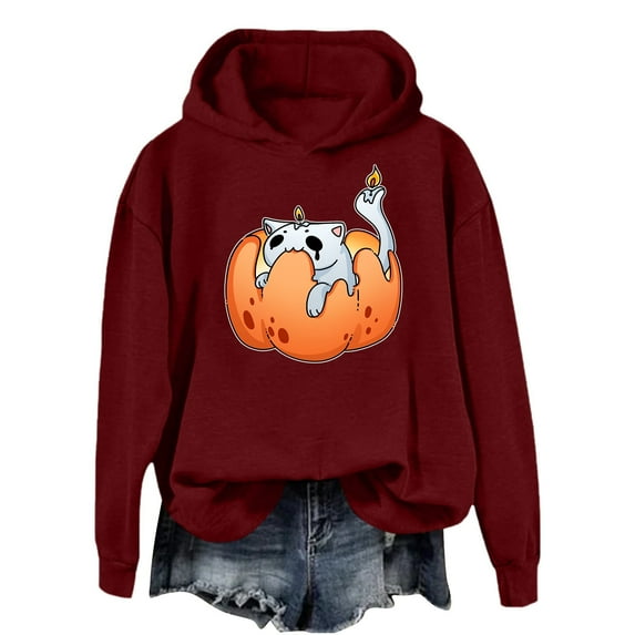 Halloween Costumes Hoodie Women's Casual Halloween Print Fleece Hoodie Soft Comfortable Pullover Sweatshirt For Everyday Wear Spring And Summer Wine