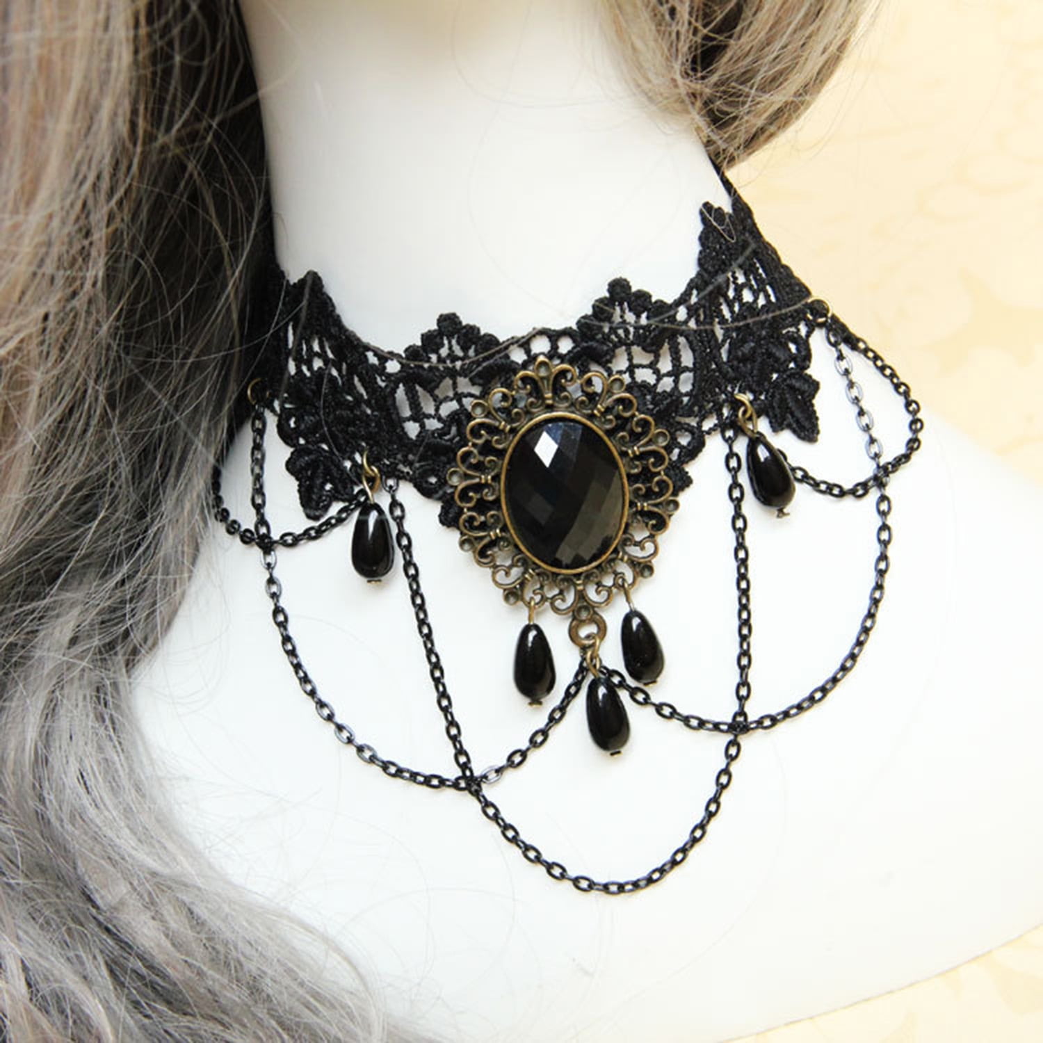 Gothic Lace Necklace And Lace Ring Bracelet Set, Vampire Choker