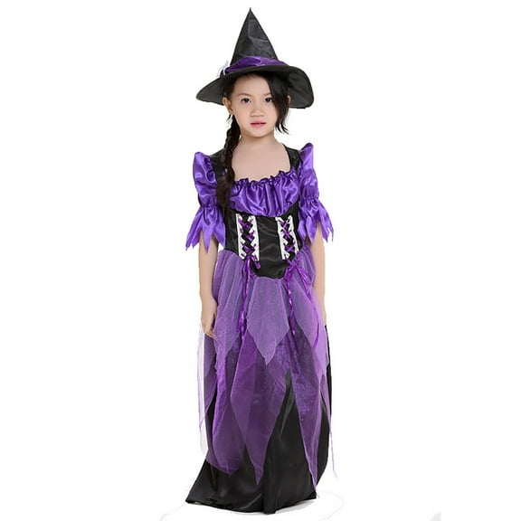 Halloween Kids Halloween Witch Dress Purple Gothic for Girls Party Elegant Long Sleeve Gown with Detailed Sizing, S