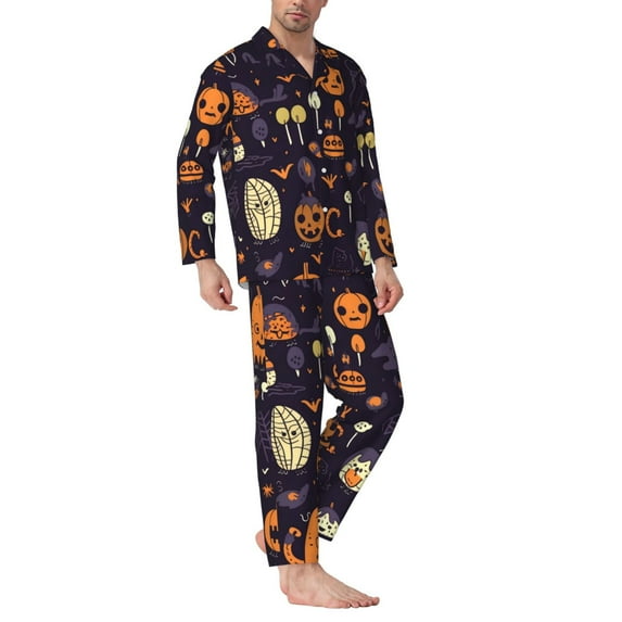 Halloween Costumes Mens Pajamas Set, Halloween Pumpkin Lollipop Halloween Pajamas Button Down Long Sleeve Loungewear Halloween Sleepwear Pjs sets for Men