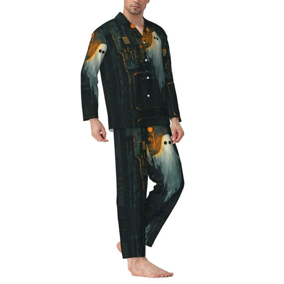 Halloween Costumes Mens Pajamas Set, Halloween Industrial Style Ghost Halloween Pajamas Button Down Long Sleeve Loungewear Halloween Sleepwear Pjs sets for Men