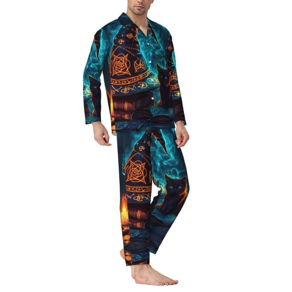 Halloween Costumes Mens Pajamas Set, Halloween Vintage Witch Hat Black Cat A Halloween Pajamas Button Down Long Sleeve Loungewear Halloween Sleepwear Pjs sets for Men