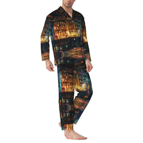 Halloween Costumes Mens Pajamas Set, Halloween Witch Candy House Halloween Pajamas Button Down Long Sleeve Loungewear Halloween Sleepwear Pjs sets for Men