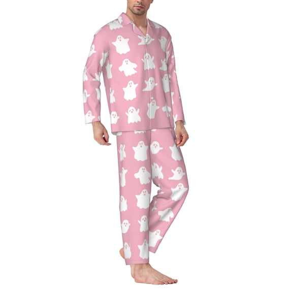 Halloween Costumes Mens Pajamas Set, ghost pattern 4 Halloween Pajamas Button Down Long Sleeve Loungewear Halloween Sleepwear Pjs sets for Men
