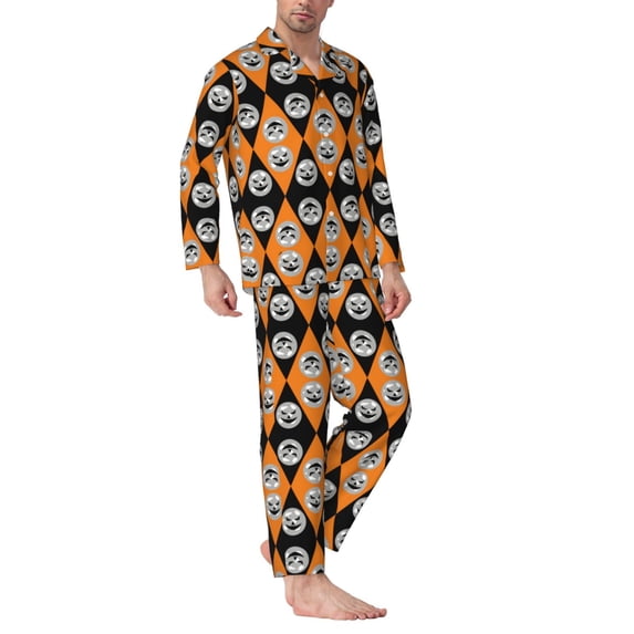 Halloween Costumes Mens Pajamas Set, halloween elements Pattern Halloween Pajamas Button Down Long Sleeve Loungewear Halloween Sleepwear Pjs sets for Men