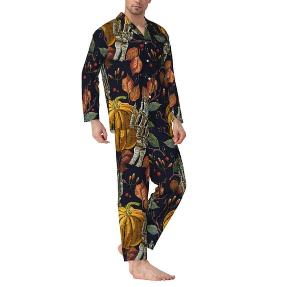 Halloween Costumes Mens Pajamas Set, halloween pumpkin background Halloween Pajamas Button Down Long Sleeve Loungewear Halloween Sleepwear Pjs sets for Men