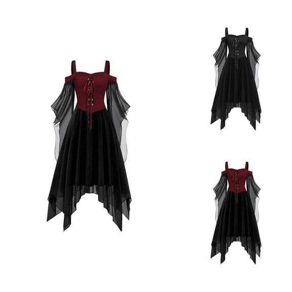 Halloween Costumes Outfits Gothic Style Dresses Plus Size Fashion Midi Dress Irregular Length with Flare Sleeves and Short Sleeve Party Dress for Women