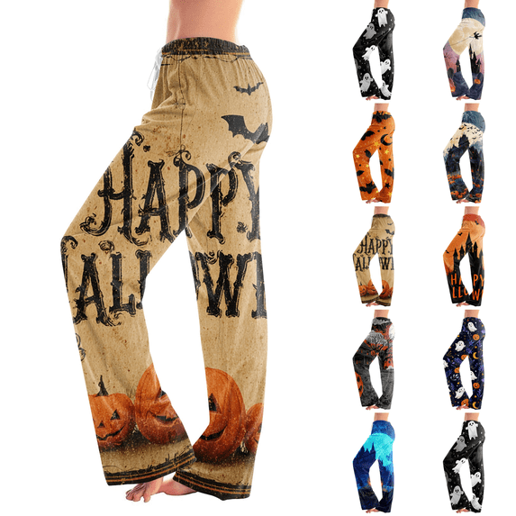 Halloween Costumes Pajama Pants Women Drawstring Halloween Moon Bat Printed Pants Light Thin Stretch Plus Size Loungewear Khaki 3XL