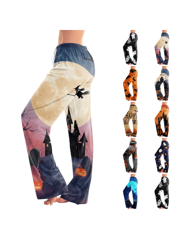 Halloween Costumes Pajama Pants Women Drawstring Halloween Moon Bat Printed Pants Light Thin Stretch Plus Size Loungewear Pink 2XL