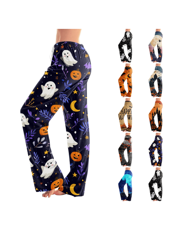 Halloween Costumes Pajama Pants Women Drawstring Halloween Moon Bat Printed Pants Light Thin Stretch Plus Size Loungewear Purple 3XL