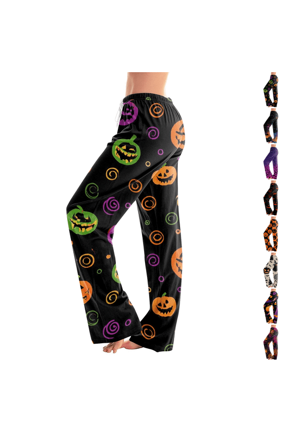 Halloween Costumes Pajama Pants Women Elastic Waist Halloween Cute Ghost Printed Loose Cotton Plus Size Sleep Pants Khaki XL