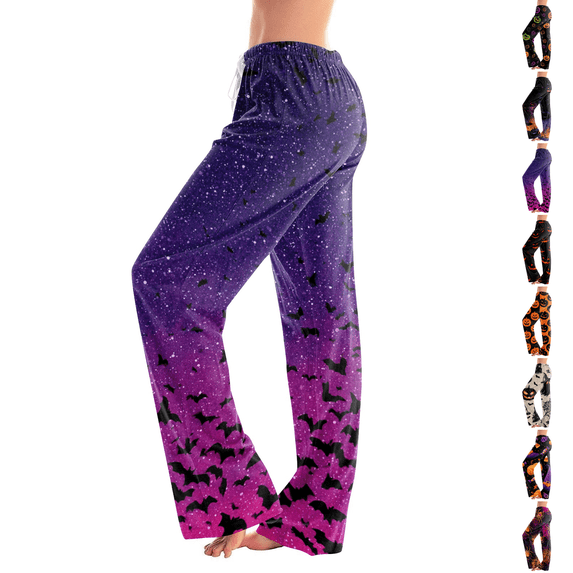 Halloween Costumes Pajama Pants Women Elastic Waist Halloween Cute Ghost Printed Loose Cotton Plus Size Sleep Pants Purple XL