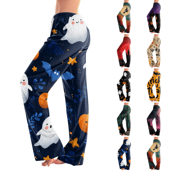 Halloween Costumes Pajama Pants for Women Halloween Floral Printed Elastic Waist Pajama Bottoms Casual Comfy Loose Cotton Sleepwear Plus Size Full Length Pants Blue XL