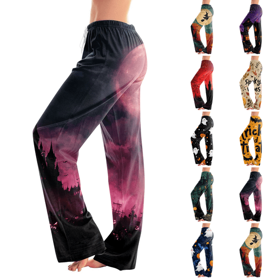 Halloween Costumes Pajama Pants for Women Halloween Floral Printed Elastic Waist Pajama Bottoms Casual Comfy Loose Cotton Sleepwear Plus Size Full Length Pants Pink L