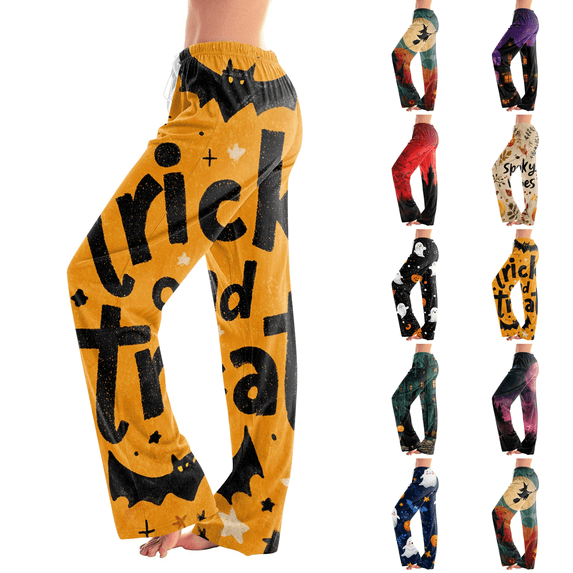 Halloween Costumes Pajama Pants for Women Halloween Floral Printed Elastic Waist Pajama Bottoms Casual Comfy Loose Cotton Sleepwear Plus Size Full Length Pants Yellow M