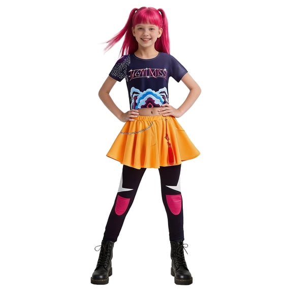 Halloween Costumes Pop Star, 2-Piece Idol Group Cosplay Costume Outfit with Graphic T-shirt & Skirt for Cosplay Dress Up, Birthday Party & Stage Performance