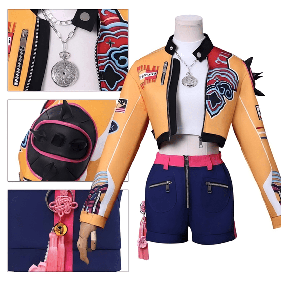 Halloween Costumes Pop Star Stage Outfit Pop Idol Printed Jacket Top Skirt Set, Gir'ls Exquisite Halloween Cosplay Ensemble Feature Necklace and Multiple Accessories for Halloween Fancy Dress Party