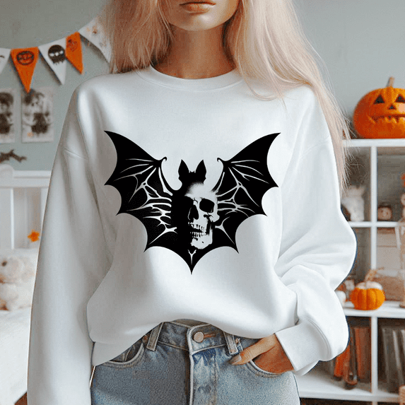 Halloween Costumes Shirts for Women Bat Skull Graphic Sweatshirt Long Sleeve Vintage Pullover Casual Fall Clothes Retro Sweater