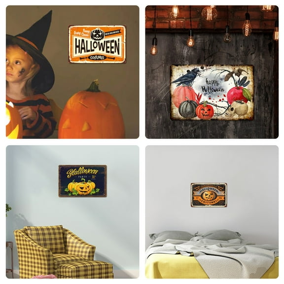 Halloween Costumes Shop Tin Sign, Pumpkin With Letter Funny Scary Classic For All Age and Sizes Vintage Metal Tin Signs for Cafes Bars Pubs Shop Wall Decorative Funny Retro Signs