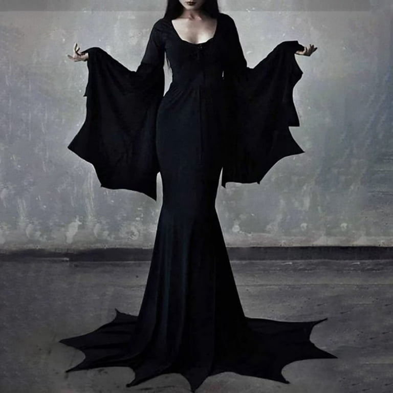 Halloween Costumes Vintage Gothic Dress Halloween Costumes Women Gothic  Dark Wind Irregular Batwing Sleeve Solid Scoop Neck Evil Party Long Dress  Vampire Costumes, Black&S 