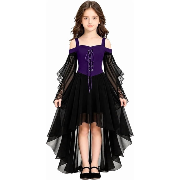 Halloween Costumes - Witch Costume Gi"rl"s Halloween Dresses 2026, Off Shoulder Renaissance Dress Cosplay Party Outfit, Purple, Size:140