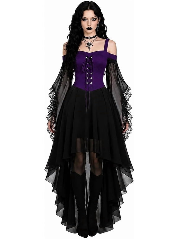 Halloween Costumes - Witch Costume Women Halloween Dresses 2026, Adult Medieval Vampire Butterfly Sleeve Gothic Outfits for Halloween Cosplay Party, Purple, Size:S