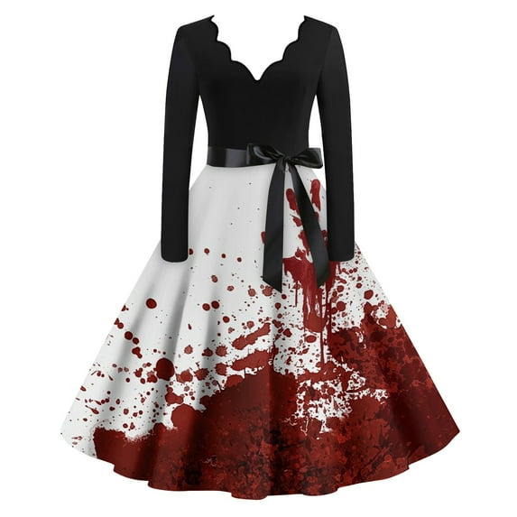 Halloween Costumes Woman 2024 Bloody Dress Halloween Funny Adult Halloween Costumes Long Sleeve Plus Size Scary V Neck Vintage Dresses Bloody Cocktail Swing Dress