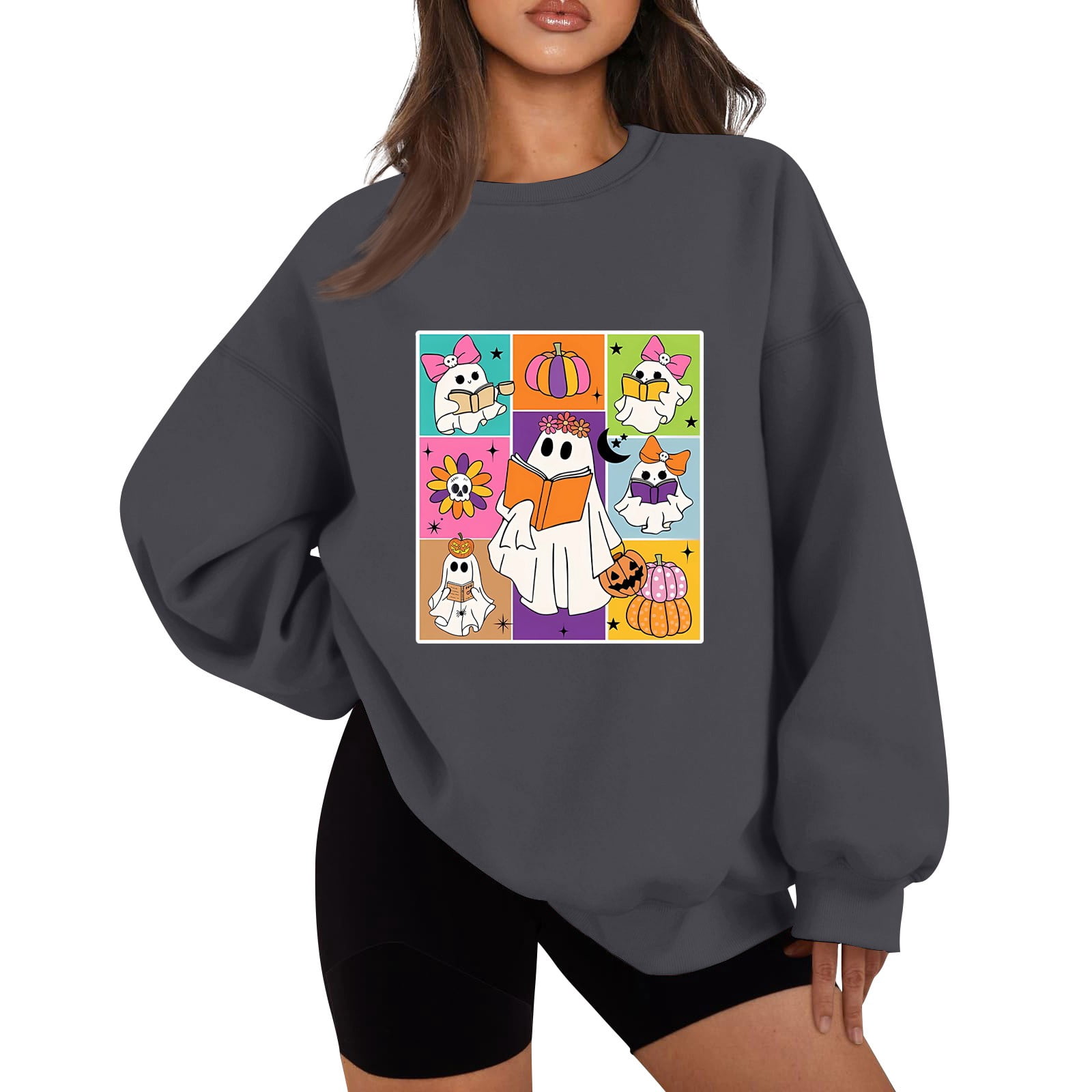 Yihaojia Women's Halloween Cat Sweatshirt - Funny Spooky Ghost Graphic Long Sleeve Crewneck Shirt (Runs Small, Size Up!)