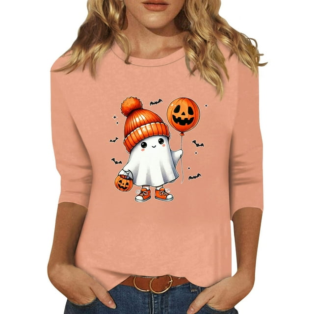 Halloween Costumes Woman 2024 Cute Ghost Pumpkin Print TShirts 3/4