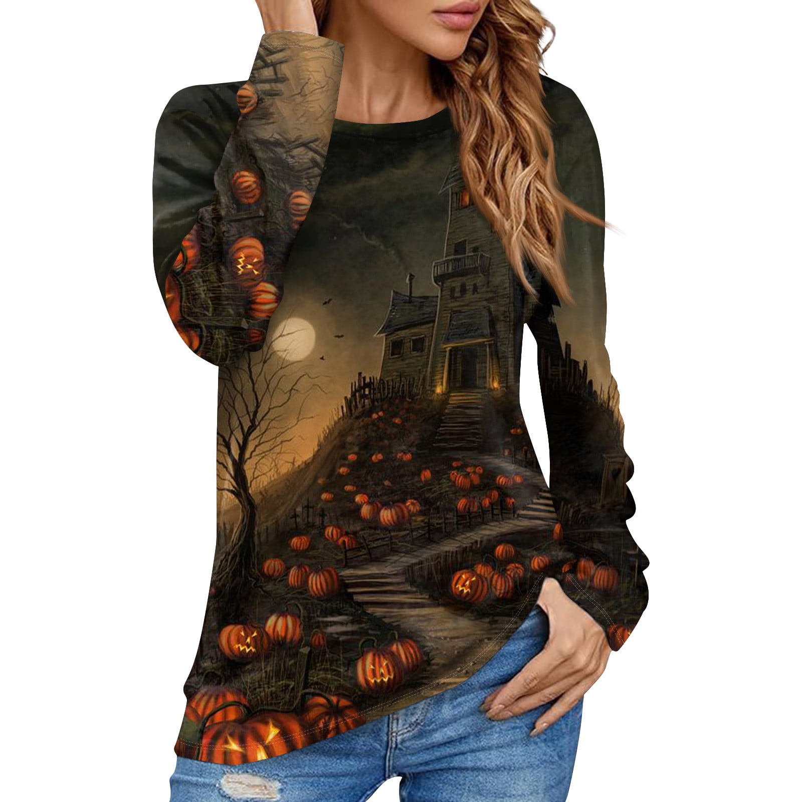 Halloween Costumes Woman 2024 Pumpkin Bats Graphic Blouse Long Sleeve