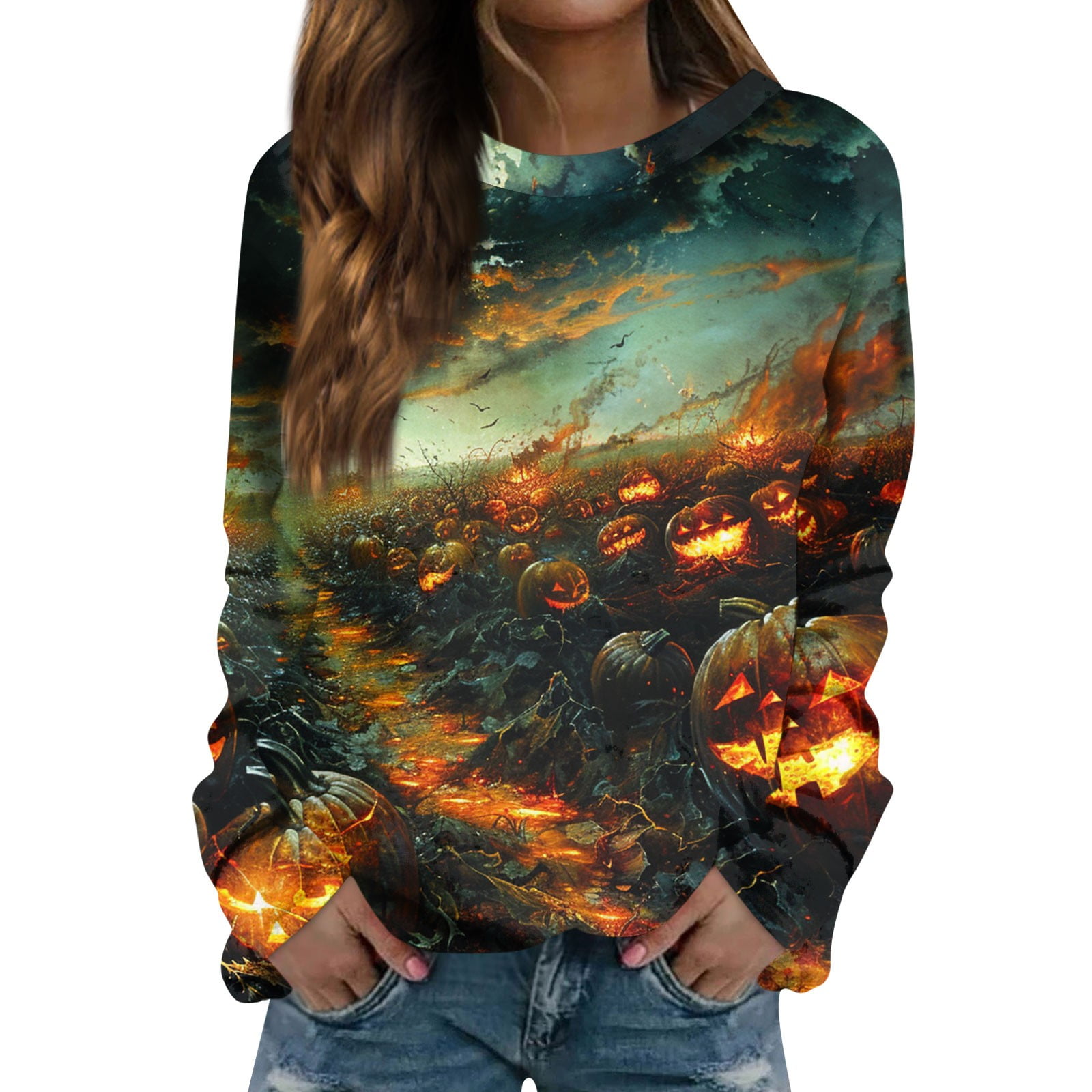 Halloween Costumes Woman 2024 Pumpkin Bats Graphic Pullover Tops Long