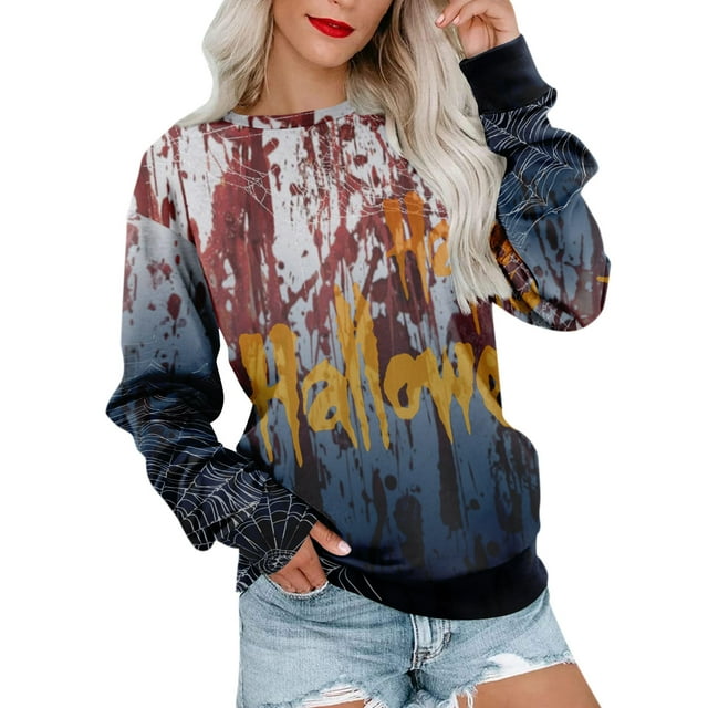 Halloween Costumes Woman 2024 Pumpkin Bats Graphic Pullover Tops Long