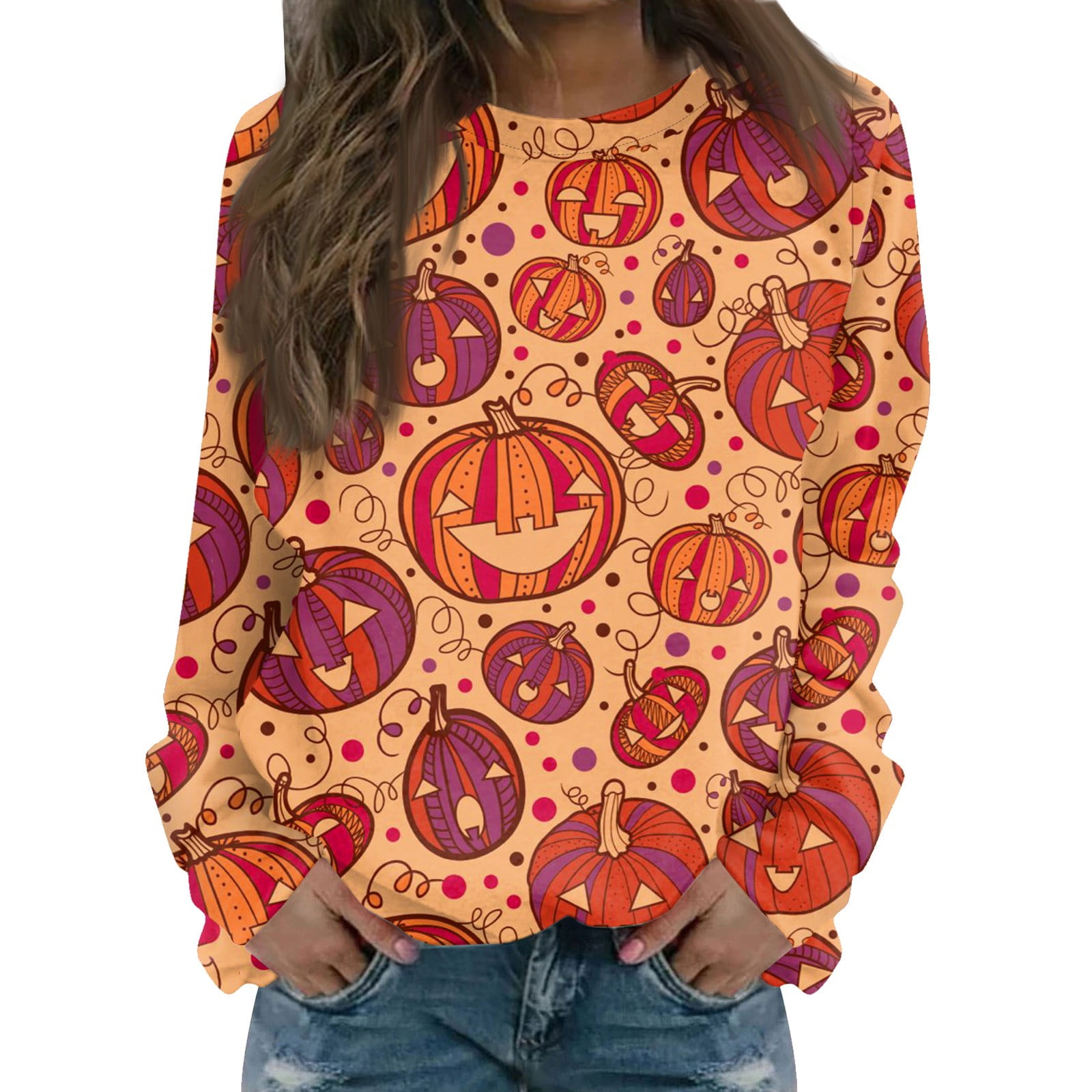Halloween Costumes Woman 2024 Pumpkin Bats Pattern Pullover Tops Long