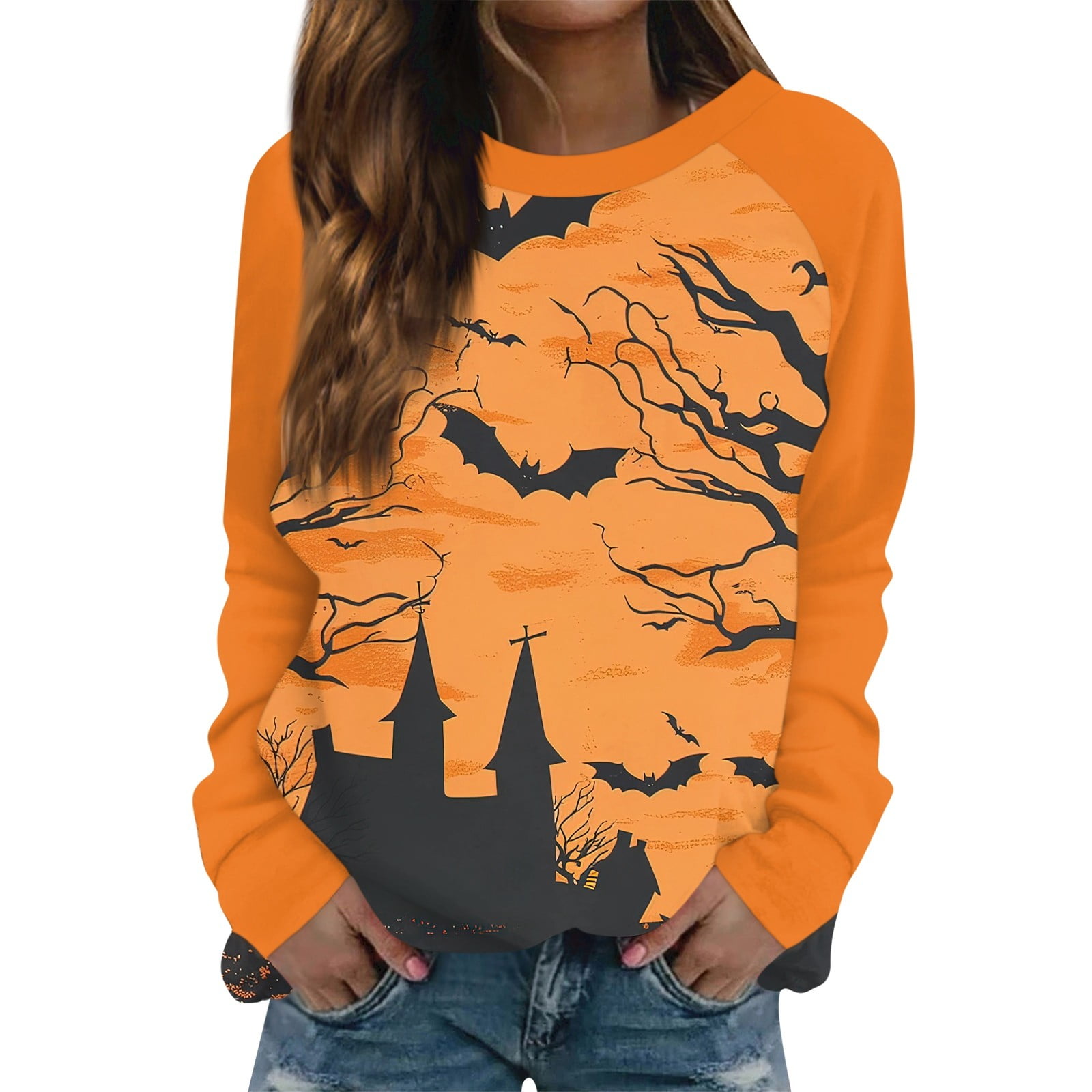 Halloween Costumes Woman 2024 Pumpkin Bats Print Pullover Tops Long