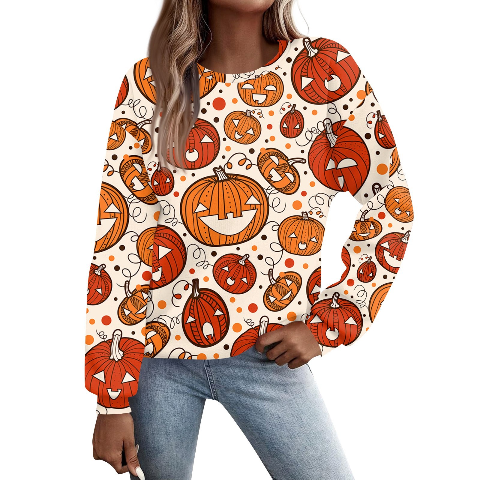 Halloween Costumes Woman 2024 Pumpkin Bats Print Pullover Tops Long