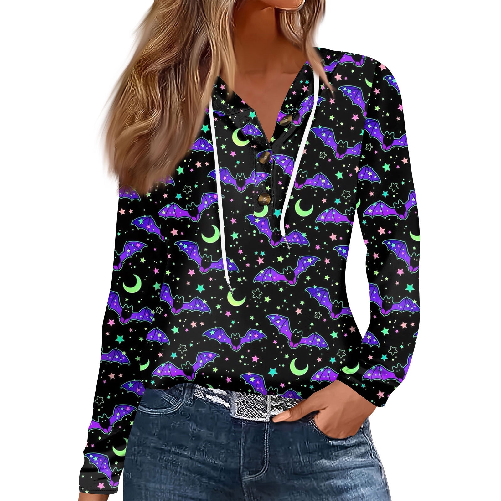 Halloween Costumes Woman 2024 Pumpkin Bats Print Shirts Drawstring