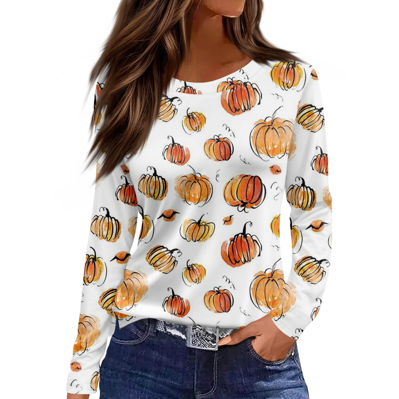 Halloween Costumes Woman 2024 Pumpkin Bats Print TShirts Long Sleeve