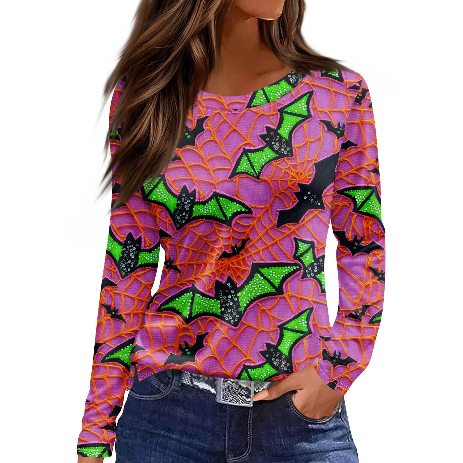 Halloween Costumes Woman 2025 Pumpkin Ghost Print TShirts Long Sleeve