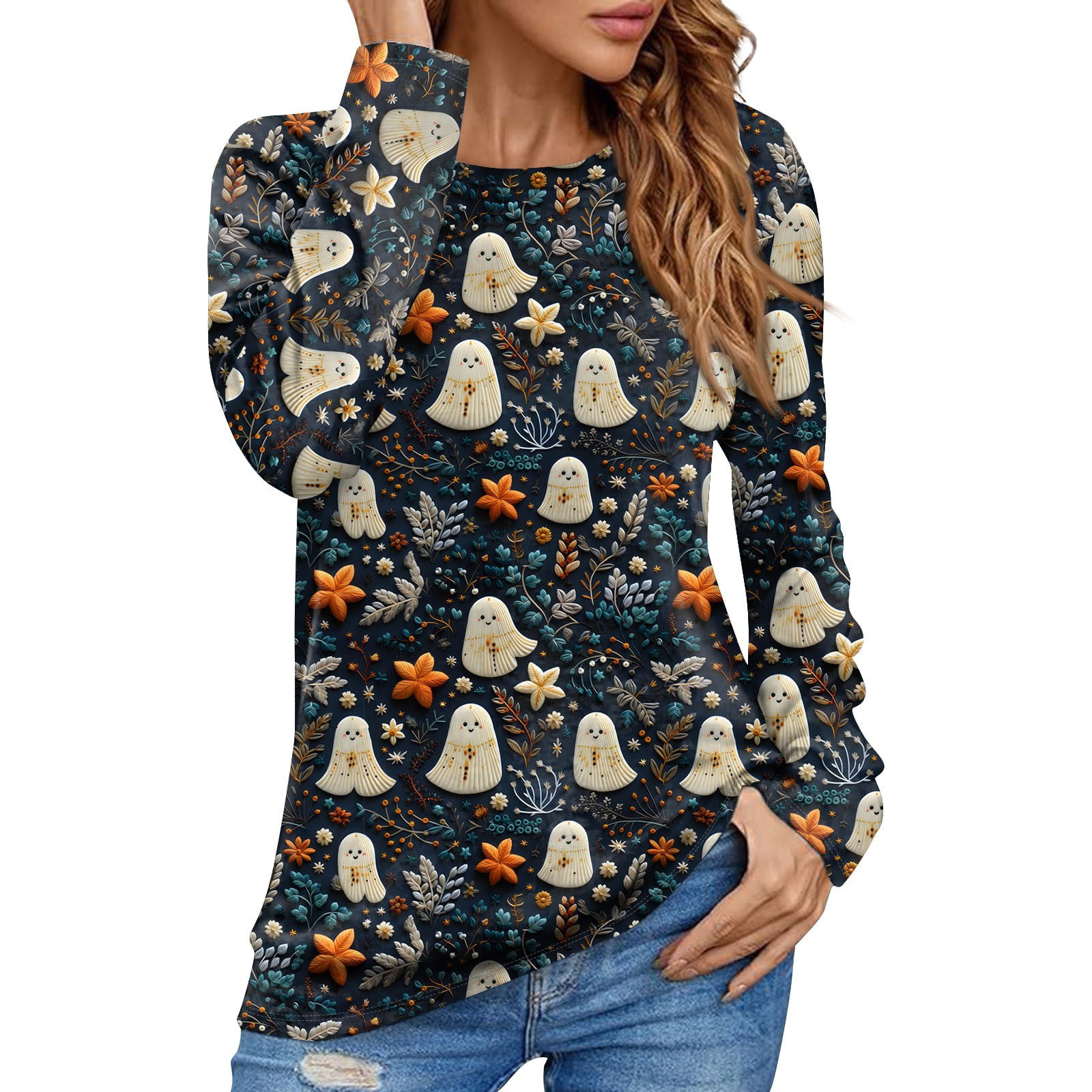 Halloween Costumes Woman 2024 Pumpkin Ghost Print Tunic Long Sleeve