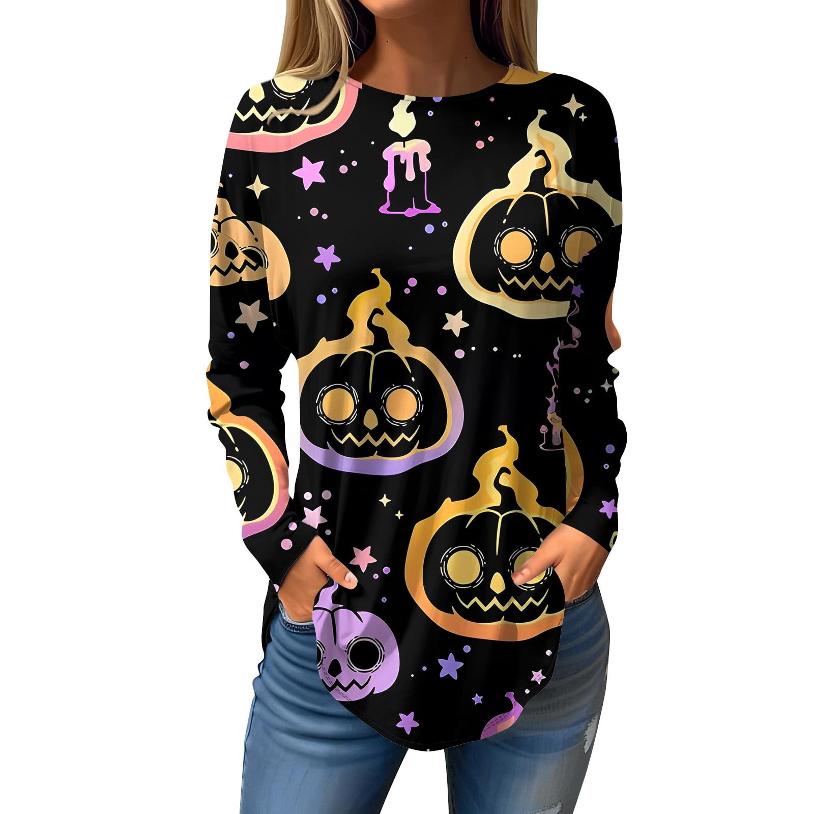 Halloween Costumes Woman 2024 Pumpkin Ghost Print Tunic Long Sleeve