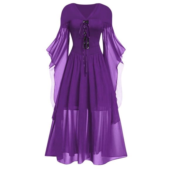 Halloween Costumes Woman 2026 Renaissance Dress Goth Lace Off-should Halloween Costume | Trumpet Sleeve Victorian Patchwork Medieval Steampunk Outfit, 01#Purple XXL