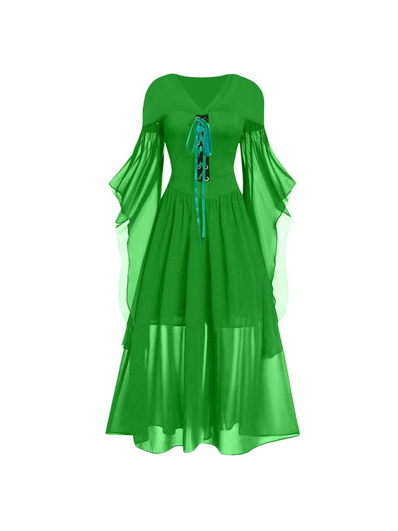 Halloween Costumes Woman 2026 Renaissance Dress Goth Lace Off-should Halloween Costume | Trumpet Sleeve Victorian Patchwork Medieval Steampunk Outfit, 01#Green M