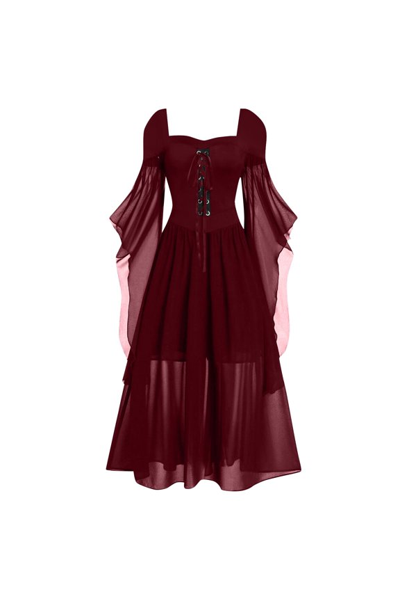 Halloween Costumes Woman 2026 Renaissance Dress Goth Lace Off-should Halloween Costume | Trumpet Sleeve Victorian Patchwork Medieval Steampunk Outfit, 03#Wine S