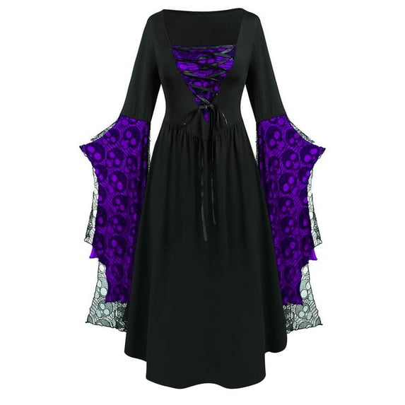 Halloween Costumes Woman Flare Long Sleeve Vintage Gothic Dress Plus Size Skull Lace Print Dresses S