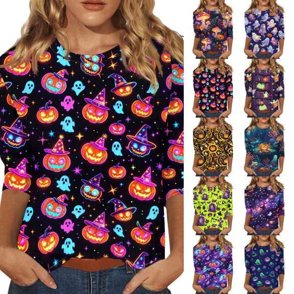 Halloween Costumes Women 3/4 Sleeve Tops Halloween Decorations Crewneck Pumpkin Print Casual Loose Fit T Shirts Hot Pink M